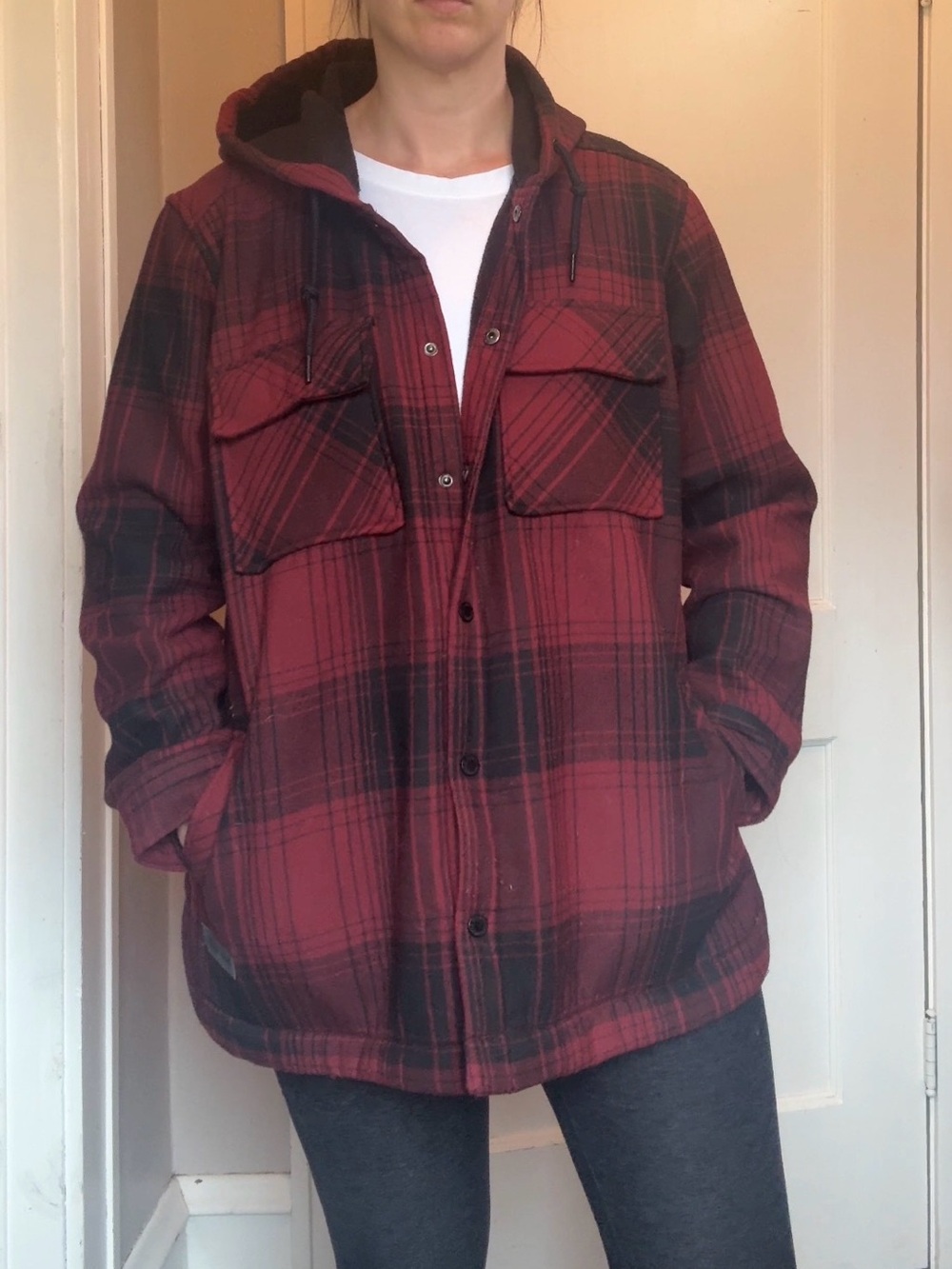 Women’s XXL Red Plaid Hooded Jacket - Casual Flannel Coat